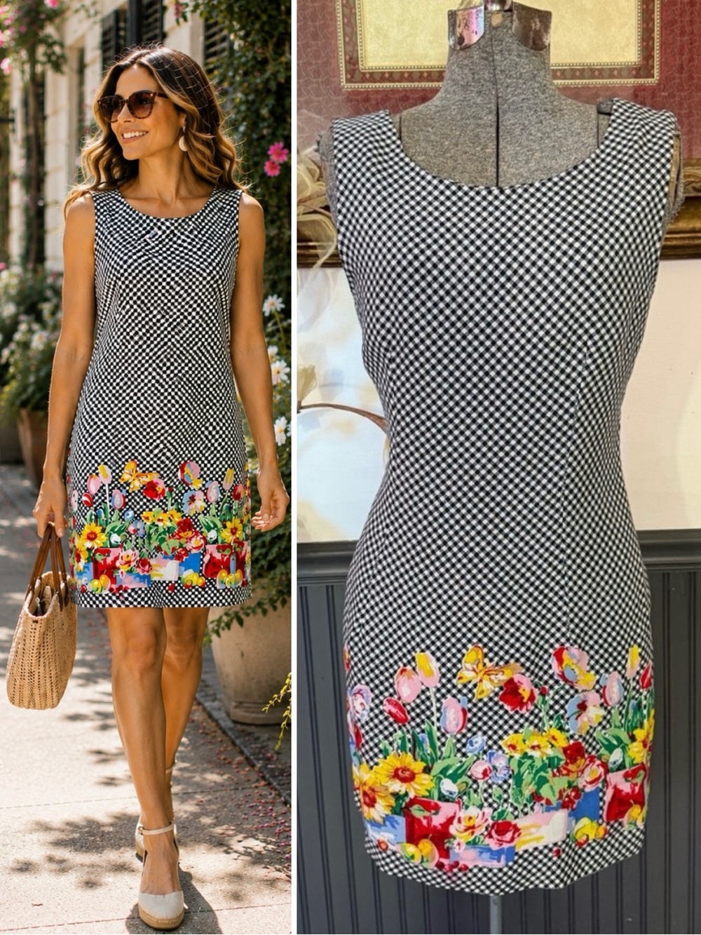 Vintage All That Jazz Gingham Painterly Floral Hem Mod Sheath Dress Sz 10 💚🍄